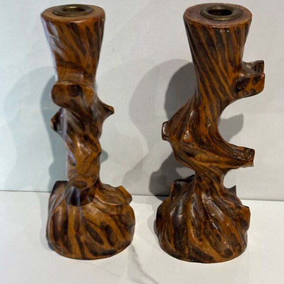 Vintage Natural Wood Raw Edge Tree Trunk Wood Candlestick Holder Brown Size 4"x1 - Picture 9 of 10